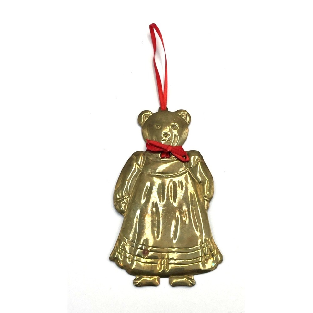 Vtg Department 56‎ Brass Girl Bear Christmas Ornament Pressed Metal Red Bow